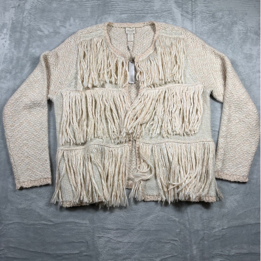 Chico's NWT Fringe Cardigan Sweater Size 2 Ivory Boho Western Statement Knit